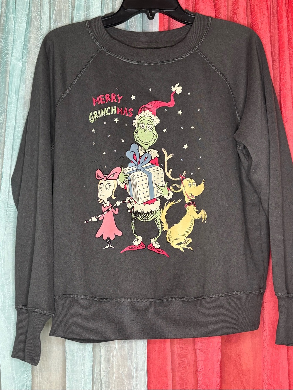 Dr. Seuss Black Grinchmas Graphic Sweatshirt with Pink & Yellow Accents